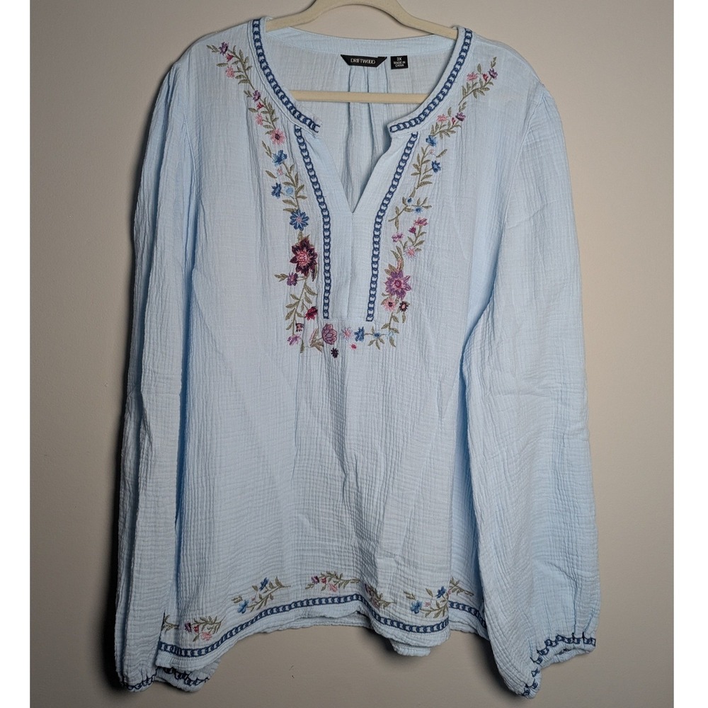 Driftwood Embroidered Gauze Blouse Womens 3X Blue Floral Boho Peasant Top